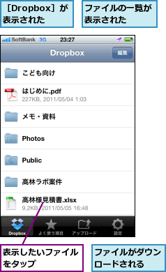 ファイルがダウンロードされる  ,ファイルの一覧が表示された  ,表示したいファイルをタップ    ,［Dropbox］が表示された