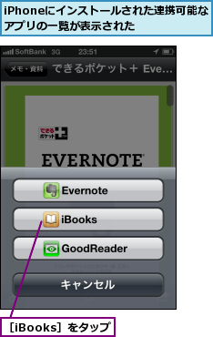 iPhoneにインストールされた連携可能なアプリの一覧が表示された  ,［iBooks］をタップ