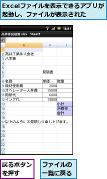 Excelファイルを表示できるアプリが起動し、ファイルが表示された,ファイルの一覧に戻る,戻るボタンを押す  