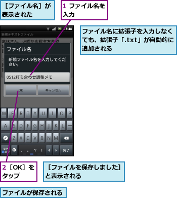 1 ファイル名を入力      ,2［OK］をタップ,ファイルが保存される,ファイル名に拡張子を入力しなくても、拡張子「.txt」が自動的に追加される,［ファイルを保存しました］と表示される      ,［ファイル名］が表示された  