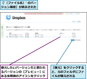 復元したいバージョンだと思われるバージョンの［プレビュー］にある虫眼鏡のアイコンをクリック,［'（ファイル名）' のバージョン履歴］が表示された  ,［復元］をクリックすると、元のフォルダにファイルが復元される