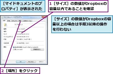 1［サイズ］の数値がDropboxの容量以内であることを確認,2［場所］をクリック,［サイズ］の数値がDropboxの容量以上の場合は手順3以降の操作を行わない,［マイドキュメントのプロパティ］が表示された