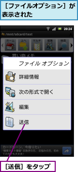 ［ファイルオプション］が表示された      ,［送信］をタップ