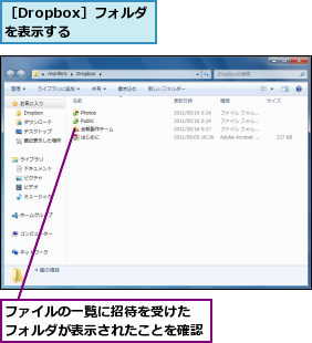 ファイルの一覧に招待を受けた フォルダが表示されたことを確認      ,［Dropbox］フォルダを表示する  