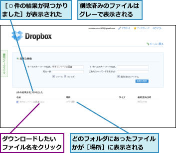 どのフォルダにあったファイルかが［場所］に表示される  ,ダウンロードしたい　ファイル名をクリック      ,削除済みのファイルはグレーで表示される,［○件の結果が見つかりました］が表示された