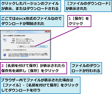 1［保存］をクリック  ,2［名前を付けて保存］が表示されたら保存先を選択し［保存］をクリック  ,ここではdocx形式のファイルなのでダウンロードが開始された  ,クリックしたバージョンのファイルが表示、またはダウンロードされる,ファイルのダウンロードが行われる,ブラウザー内でファイルが表示された場合は　　［ファイル］-［名前を付けて保存］をクリックしてダウンロードを行う,［ファイルのダウンロード］が表示された      