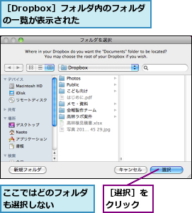 ここではどのフォルダも選択しない    ,［Dropbox］フォルダ内のフォルダの一覧が表示された    ,［選択］をクリック