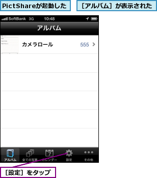 PictShareが起動した,［アルバム］が表示された,［設定］をタップ