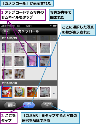 1 アップロードする写真のサムネイルをタップ    ,2 ここをタップ  ,ここに選択した写真の数が表示された,写真が青枠で囲まれた  ,［CLEAR］をタップすると写真の選択を解除できる    ,［カメラロール］が表示された