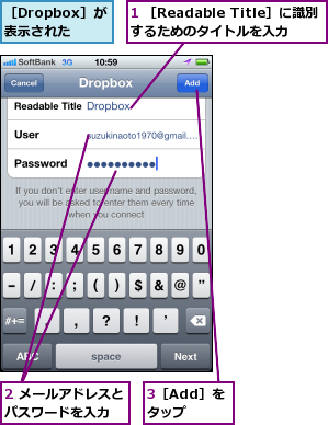 1 ［Readable Title］に識別するためのタイトルを入力,2 メールアドレスとパスワードを入力  ,3［Add］をタップ,［Dropbox］が 表示された