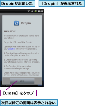 Dropinが起動した,次回以降この画面は表示されない,［Close］をタップ,［Dropin］が表示された