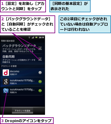 1［設定］を起動し［アカウントと同期］をタップ,2［バックグラウンドデータ］と［自動同期］がチェックされていることを確認,3 Dropinのアイコンをタップ,この2項目にチェックがされていない場合は自動アップロードは行われない,［同期の基本設定］が表示された    