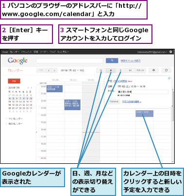 1 パソコンのブラウザーのアドレスバーに「http://www.google.com/calendar」と入力　　,2［Enter］キーを押す,3 スマートフォンと同じGoogleアカウントを入力してログイン,Googleカレンダーが表示された,カレンダー上の日時をクリックすると新しい予定を入力できる,日、週、月などの表示切り替えができる