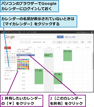 1 共有したいカレンダーの［▼］をクリック  ,2［このカレンダーを共有］をクリック,カレンダーの名前が表示されていないときは［マイカレンダー］をクリックする    ,パソコンのブラウザーでGoogleカレンダーにログインしておく