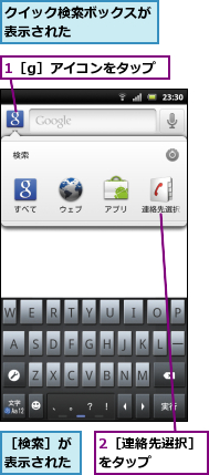 1［g］アイコンをタップ,2［連絡先選択］をタップ　　　　,クイック検索ボックスが表示された　　　　　,［検索］が表示された