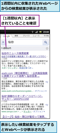 1週間以内に収集されたWebページからの検索結果が表示された,表示したい検索結果をタップするとWebページが表示される　　　,［1週間以内］と表示されていることを確認