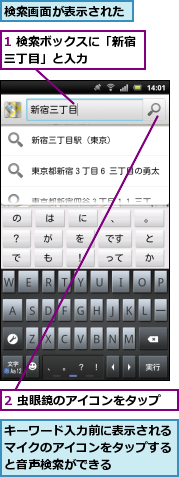 1 検索ボックスに「新宿三丁目」と入力　　　　,2 虫眼鏡のアイコンをタップ,キーワード入力前に表示されるマイクのアイコンをタップすると音声検索ができる,検索画面が表示された