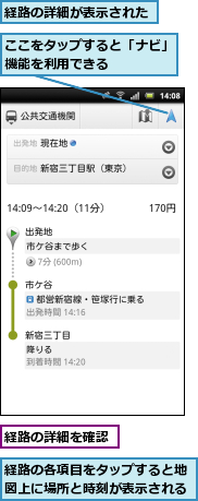 ここをタップすると「ナビ」機能を利用できる　　　　,経路の各項目をタップすると地図上に場所と時刻が表示される,経路の詳細が表示された,経路の詳細を確認