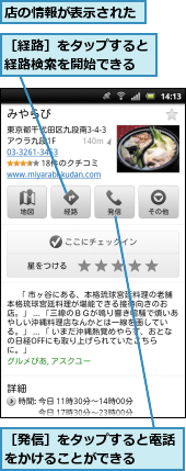 店の情報が表示された,［発信］をタップすると電話をかけることができる　　,［経路］をタップすると経路検索を開始できる