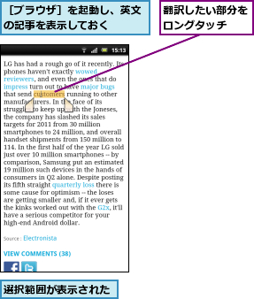 翻訳したい部分をロングタッチ  ,選択範囲が表示された,［ブラウザ］を起動し、英文の記事を表示しておく   