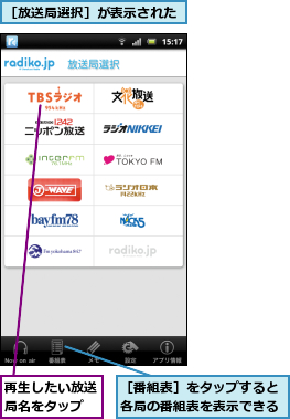 再生したい放送局名をタップ,［放送局選択］が表示された,［番組表］をタップすると各局の番組表を表示できる