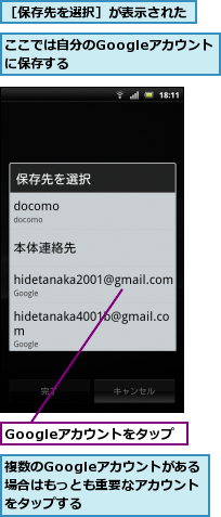 Googleアカウントをタップ,ここでは自分のGoogleアカウントに保存する　　    ,複数のGoogleアカウントがある　場合はもっとも重要なアカウントをタップする,［保存先を選択］が表示された