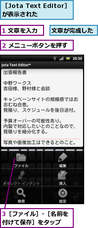 1 文章を入力,2 メニューボタンを押す,3［ファイル］-［名前を付けて保存］をタップ　　,文章が完成した,［Jota Text Editor］が表示された　　