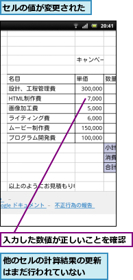 セルの値が変更された,他のセルの計算結果の更新はまだ行われていない　　,入力した数値が正しいことを確認