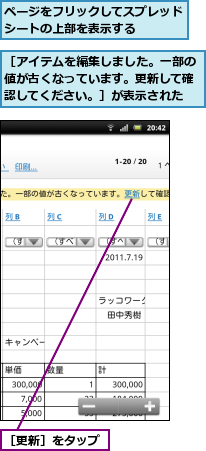 ページをフリックしてスプレッドシートの上部を表示する　　　,［アイテムを編集しました。一部の値が古くなっています。更新して確認してください。］が表示された,［更新］をタップ