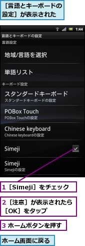1［Simeji］をチェック,2［注意］が表示されたら［OK］をタップ　　　,3 ホームボタンを押す,ホーム画面に戻る,［言語とキーボードの設定］が表示された