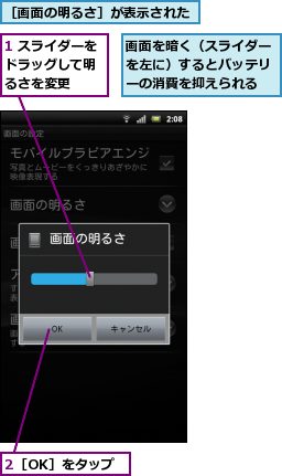 1 スライダーをドラッグして明　るさを変更,2［OK］をタップ,画面を暗く（スライダーを左に）するとバッテリーの消費を抑えられる,［画面の明るさ］が表示された