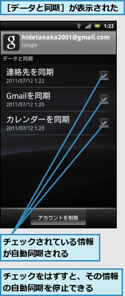 チェックされている情報が自動同期される　　　,チェックをはずすと、その情報の自動同期を停止できる　　,［データと同期］が表示された