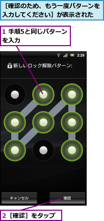 1 手順5と同じパターンを入力　　　　　　,2［確認］をタップ,［確認のため、もう一度パターンを入力してください］が表示された