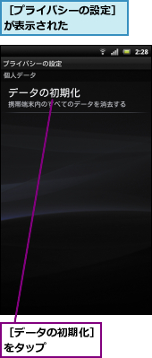 ［データの初期化］をタップ　　　　,［プライバシーの設定］が表示された　　　　　