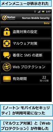 メインメニューが表示された,［ノートン モバイルセキュリティ］が利用可能になった　　,［マルウェア対策］と［Web　プロテクション］が作動した