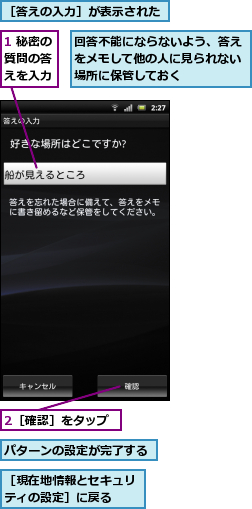 1 秘密の質問の答　えを入力,2［確認］をタップ,パターンの設定が完了する,回答不能にならないよう、答えをメモして他の人に見られない場所に保管しておく,［現在地情報とセキュリティの設定］に戻る　　,［答えの入力］が表示された