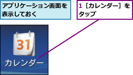 1［カレンダー］をタップ      ,アプリケーション画面を表示しておく    