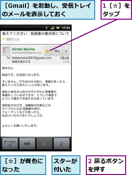 1［☆］をタップ  ,2 戻るボタンを押す    ,スターが付いた,［Gmail］を起動し、受信トレイのメールを表示しておく  ,［☆］が黄色になった    