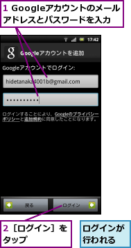 1 Googleアカウントのメールアドレスとパスワードを入力,2［ログイン］をタップ    ,ログインが行われる