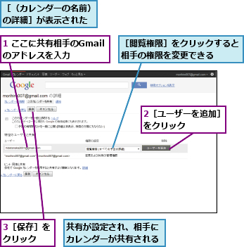 1 ここに共有相手のGmailのアドレスを入力,2［ユーザーを追加］をクリック    ,3［保存］をクリック  ,共有が設定され、相手にカレンダーが共有される,［閲覧権限］をクリックすると相手の権限を変更できる  ,［（カレンダーの名前）の詳細］が表示された