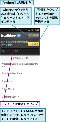 Twitterアカウントがある場合は［ログイン］をタップするとログインできる,すでにログインしている場合は虫眼鏡のアイコンをタップして［ツイートを検索］をタップする,［Twitter］が起動した,［ツイートを検索］をタップ,［登録］をタップするとTwitterアカウントを新規登録できる