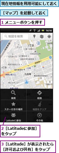 1 メニューボタンを押す,2［Latitudeに参加］をタップ　　,3［Latitude］が表示されたら［許可および共有］をタップ,現在地情報を利用可能にしておく,［マップ］を起動しておく
