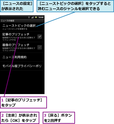 1［記事のプリフェッチ］をタップ        ,2［注意］が表示されたら［OK］をタップ,3［戻る］ボタンを2回押す  ,［ニュースの設定］が表示された  ,［ニューストピックの選択］をタップすると読むニュースのジャンルを選択できる  