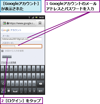 1 Googleアカウントのメールアドレスとパスワードを入力,2［ログイン］をタップ,［Googleアカウント］が表示された