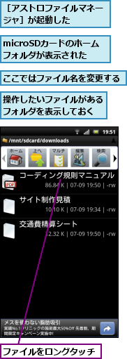 microSDカードのホームフォルダが表示された,ここではファイル名を変更する,ファイルをロングタッチ,操作したいファイルがあるフォルダを表示しておく,［アストロファイルマネージャ］が起動した　　　　