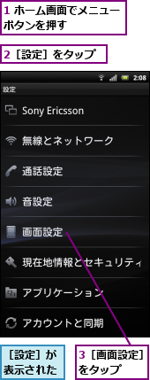 1 ホーム画面でメニューボタンを押す　　　　　,2［設定］をタップ,3［画面設定］をタップ　　　,［設定］が表示された
