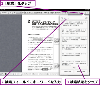 1［検索］をタップ,2 検索フィールドにキーワードを入力,3 検索結果をタップ