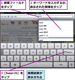 1 検索フィールドをタップ    ,2 キーワードを入力するか、表示された候補をタップ,3［Search］をタップ,検索結果が表示される