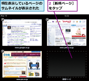 2［新規ページ］をタップ    ,現在表示しているページのサムネイルが表示された