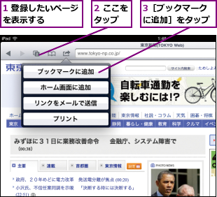 1 登録したいページを表示する    ,2 ここをタップ  ,3［ブックマークに追加］をタップ